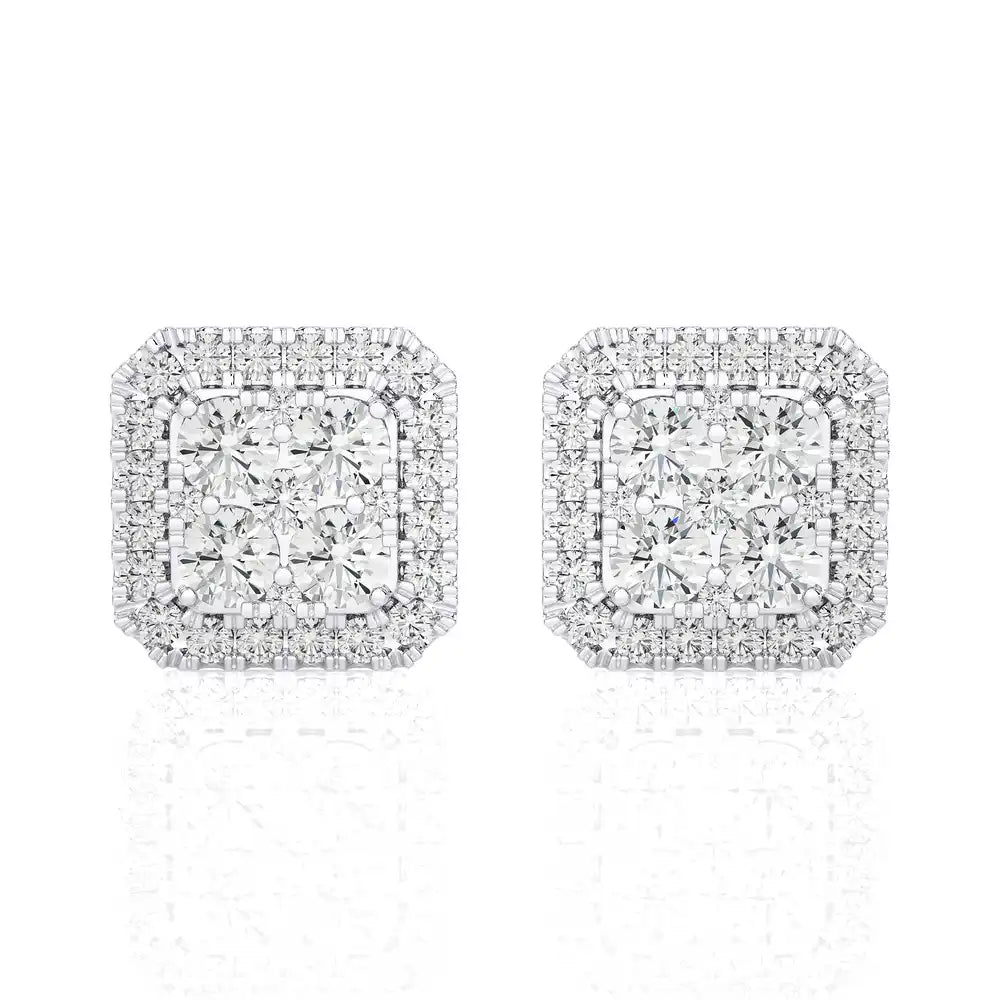 1 CTW Elegant Cushion Cluster Diamonds Halo Stud Earring