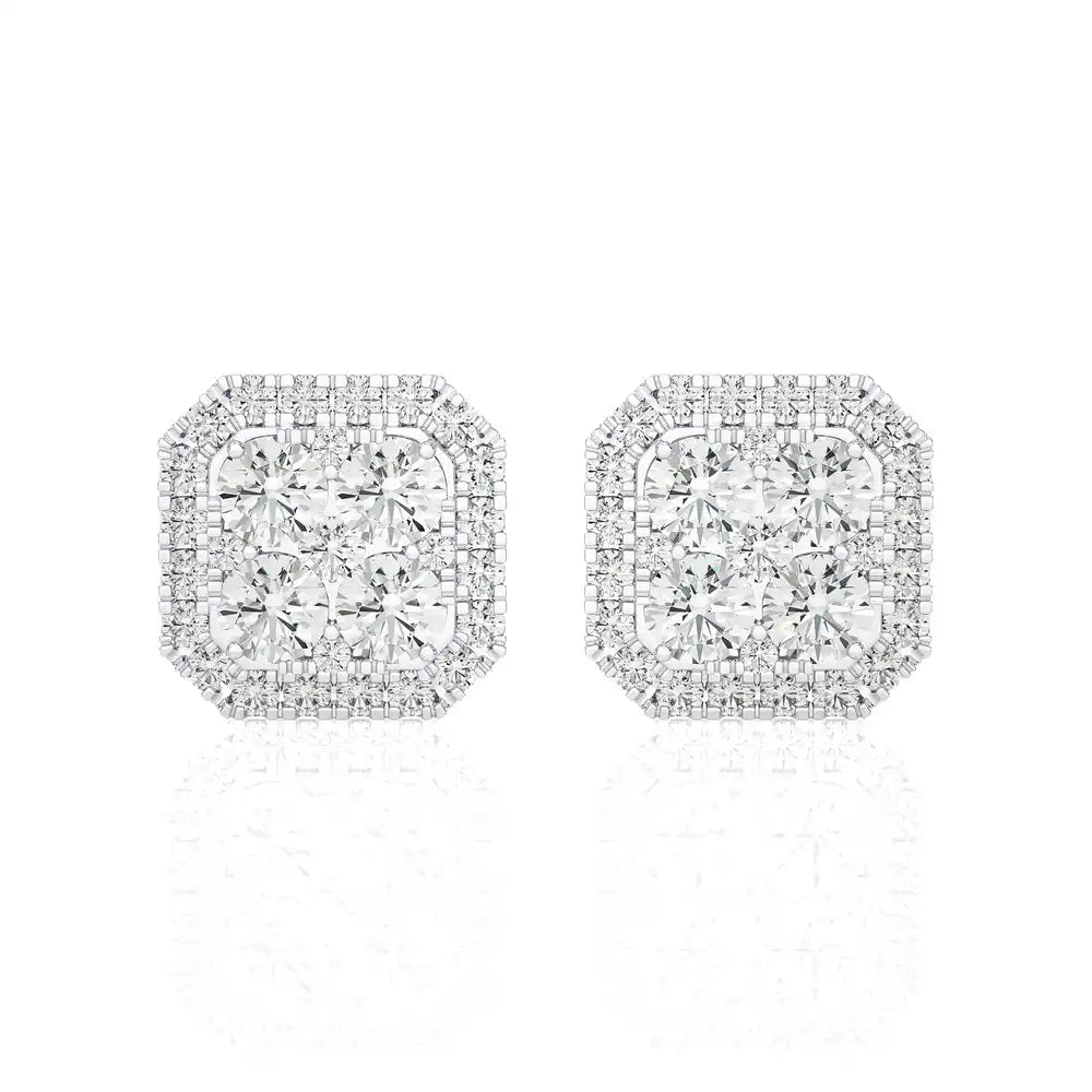 2-1/8 CTW Elegant Cushion Cluster Diamonds Halo Stud Earring