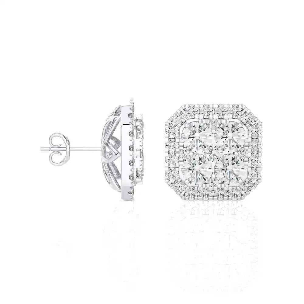 2-1/8 CTW Elegant Cushion Cluster Diamonds Halo Stud Earring