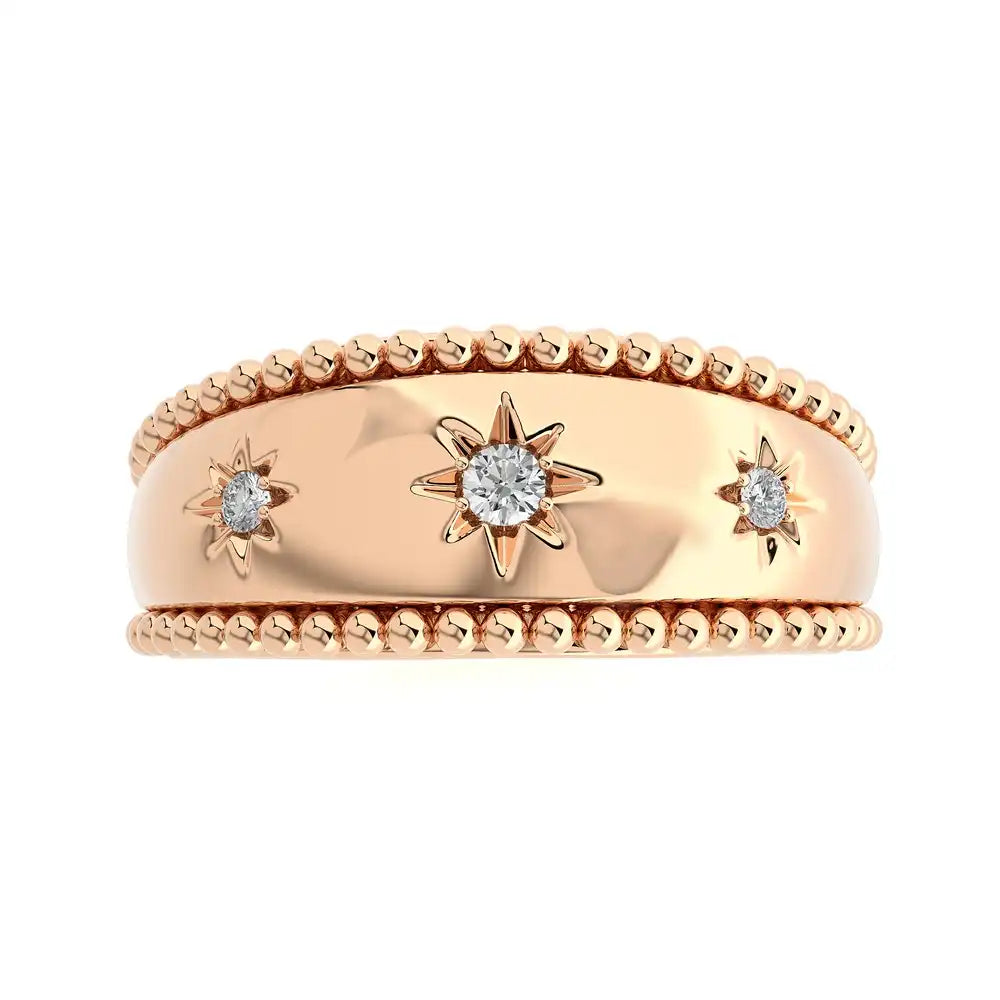 1/10 CTW Beaded Gold Round Diamond 3 Star Ring