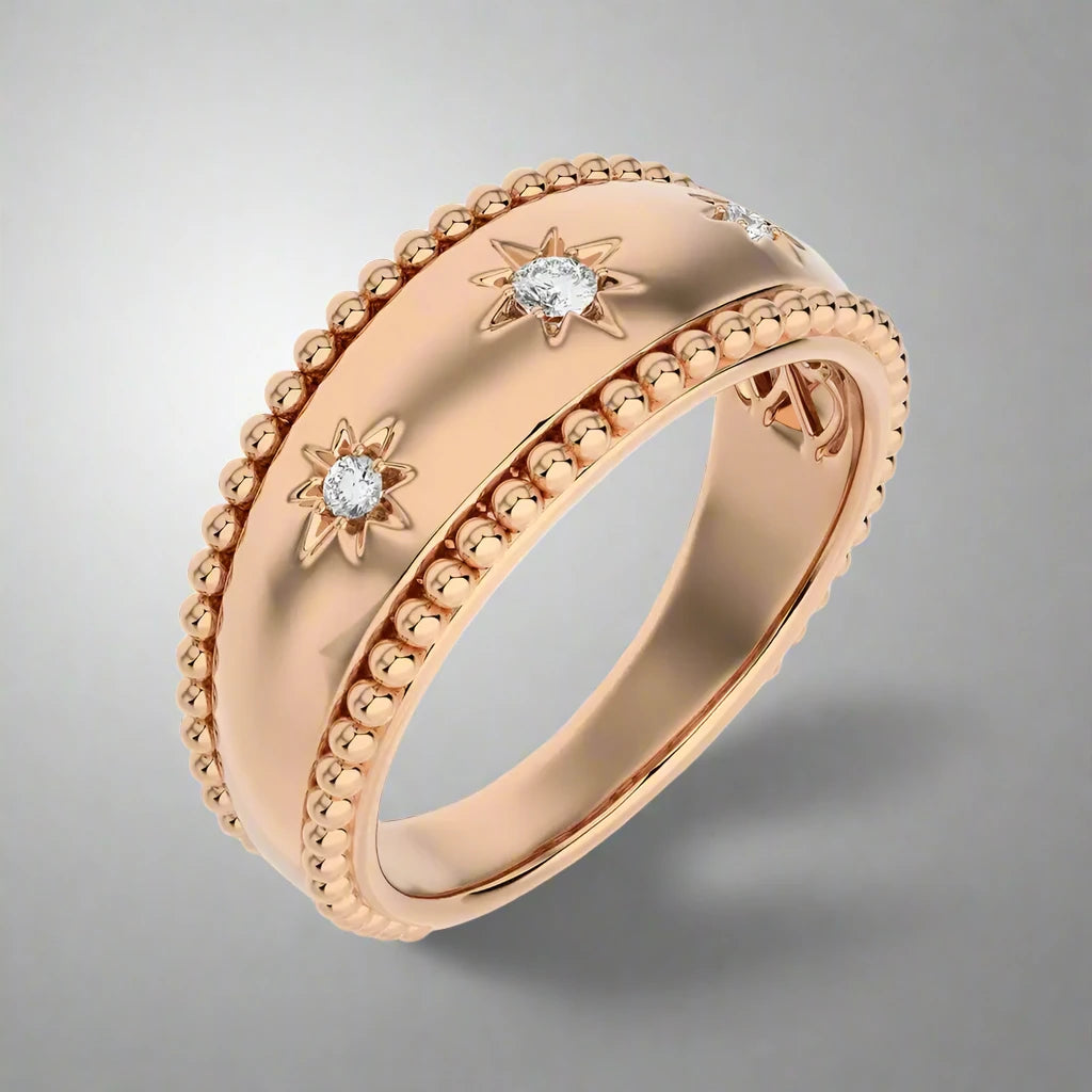 1/10 CTW Beaded Gold Round Diamond 3 Star Ring