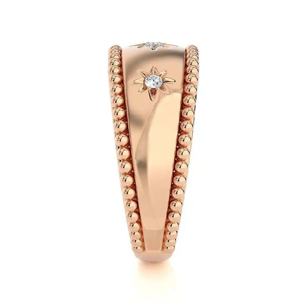 1/10 CTW Beaded Gold Round Diamond 3 Star Ring