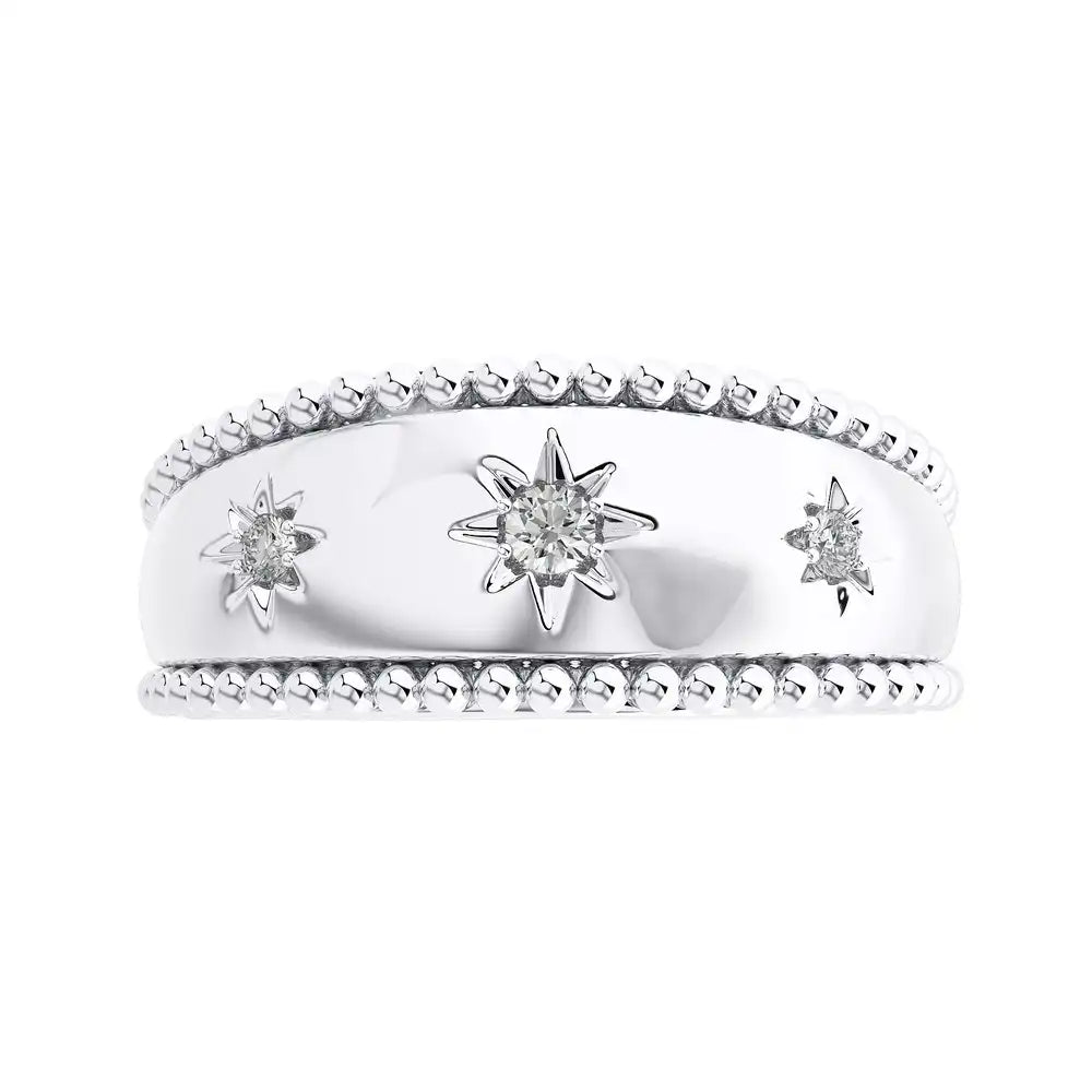 1/10 CTW Beaded Gold Round Diamond 3 Star Ring