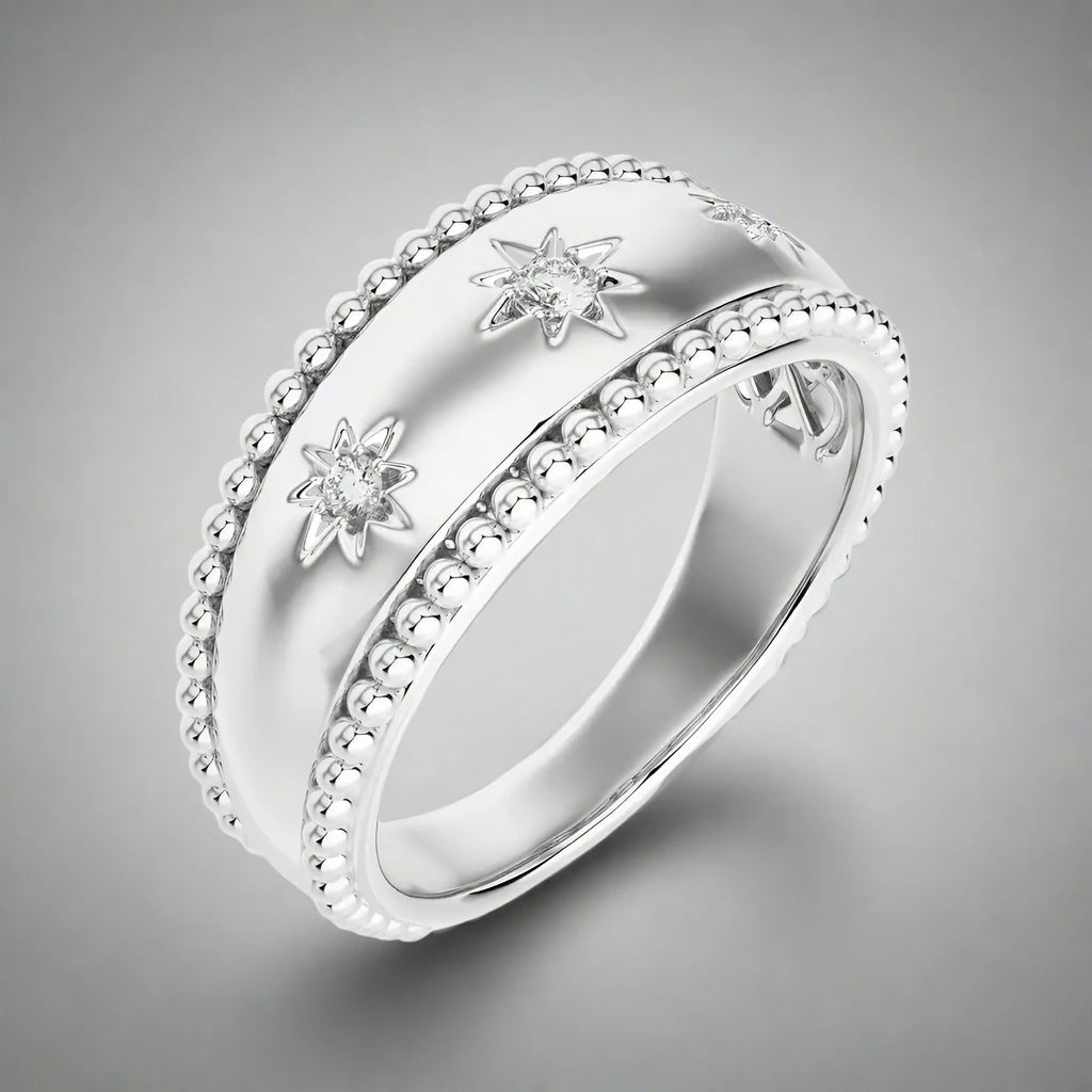 1/10 CTW Beaded Gold Round Diamond 3 Star Ring