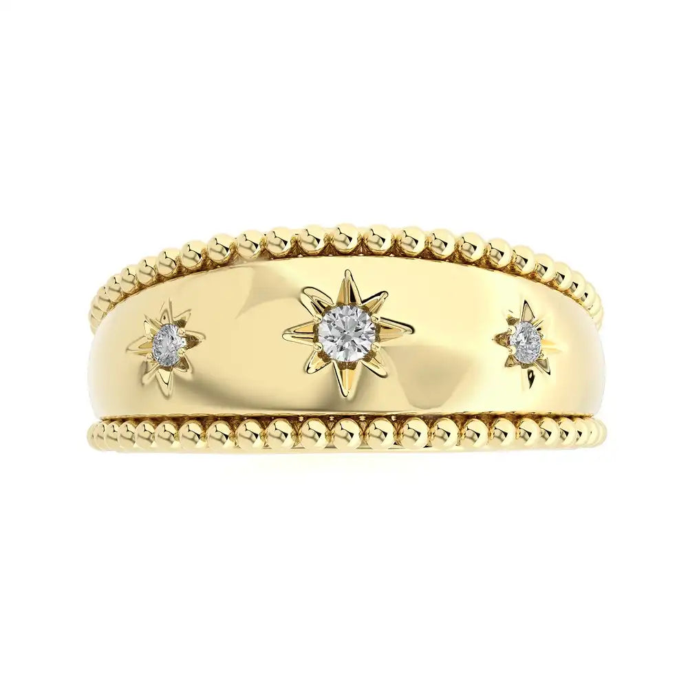 1/10 CTW Beaded Gold Round Diamond 3 Star Ring