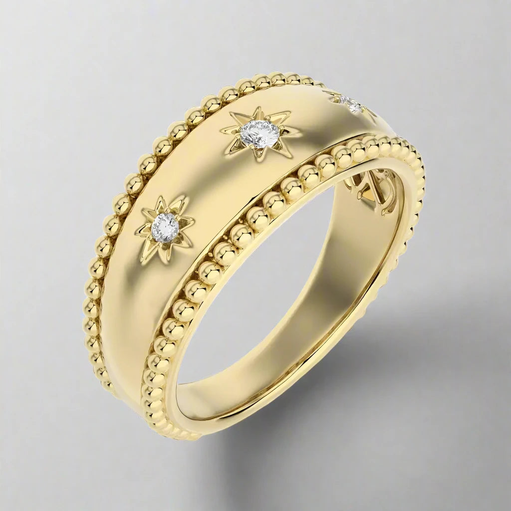 1/10 CTW Beaded Gold Round Diamond 3 Star Ring