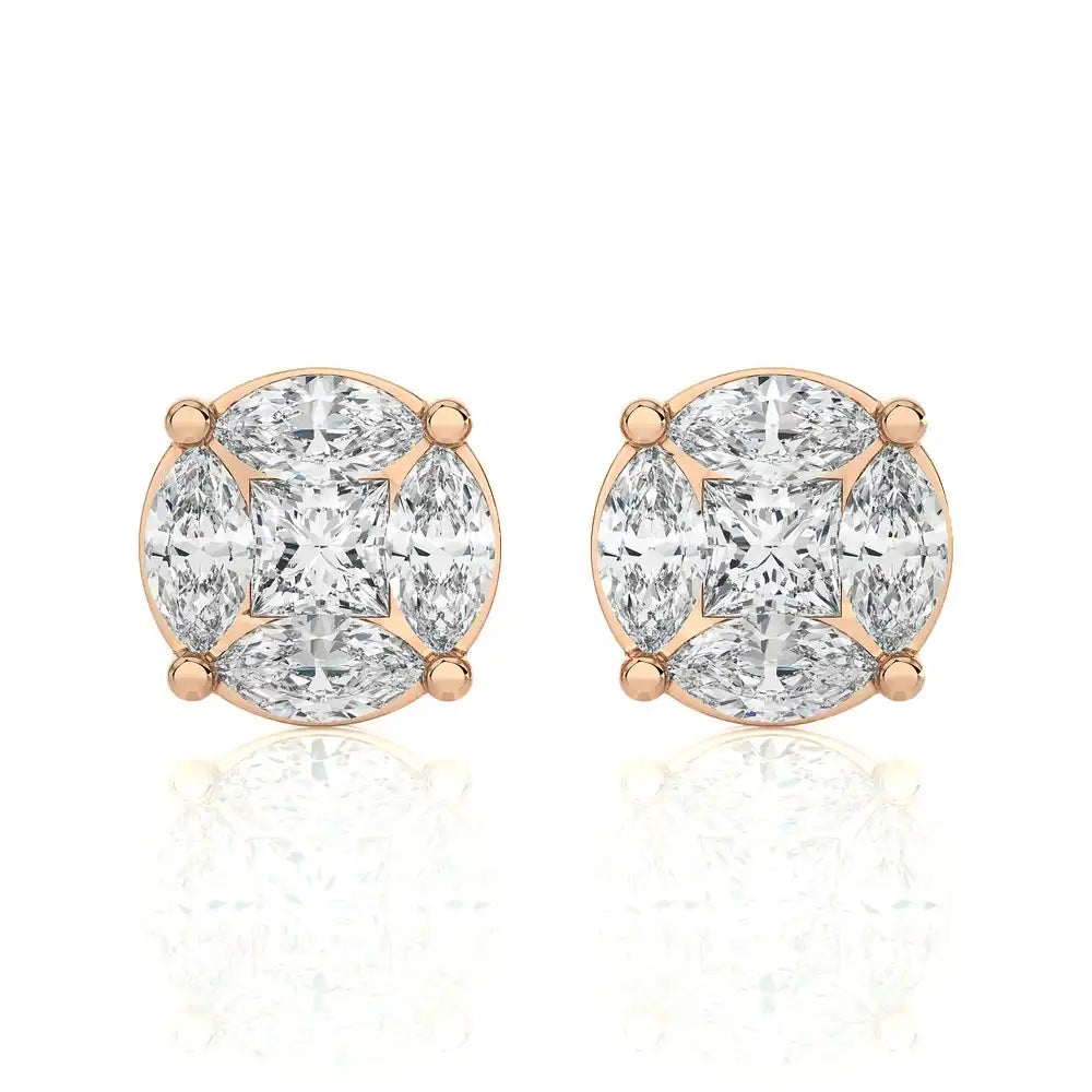 1-3/4 CTW Marquise and Princess Cluster Diamonds Stud Earring