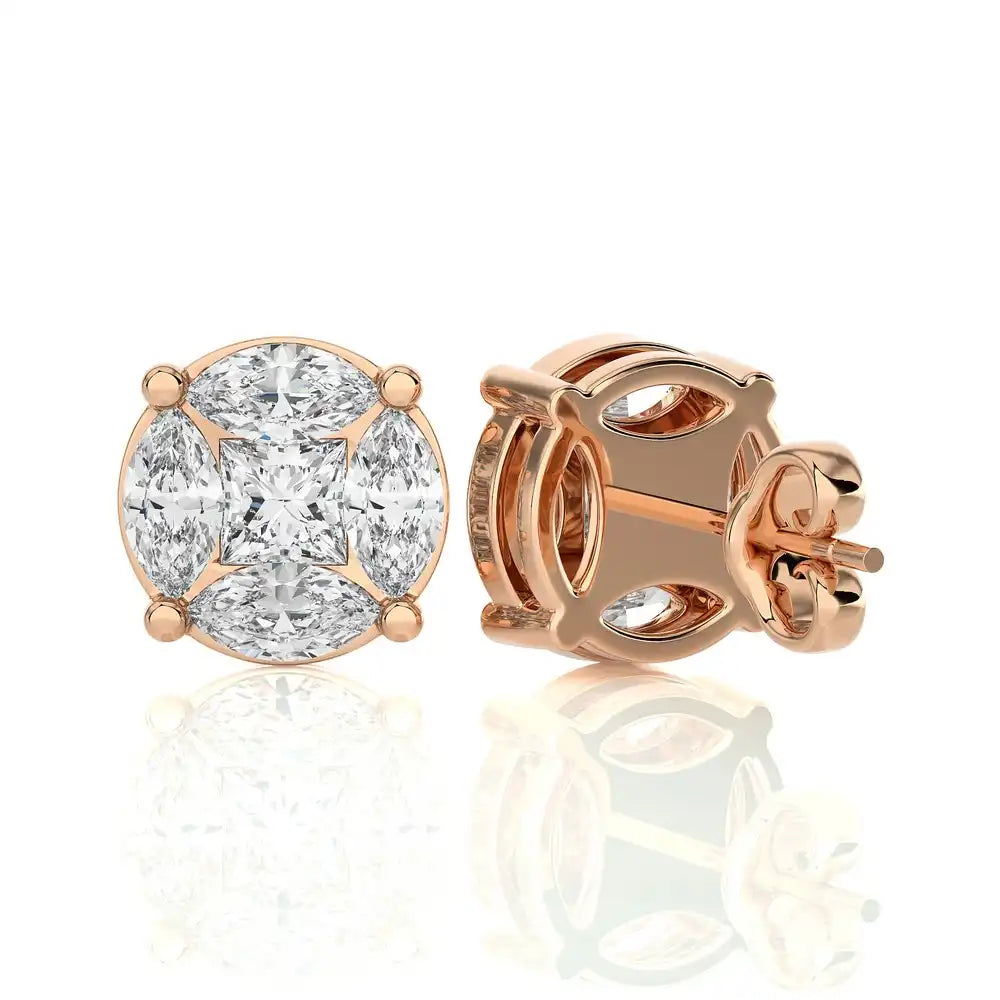 1-3/4 CTW Marquise and Princess Cluster Diamonds Stud Earring