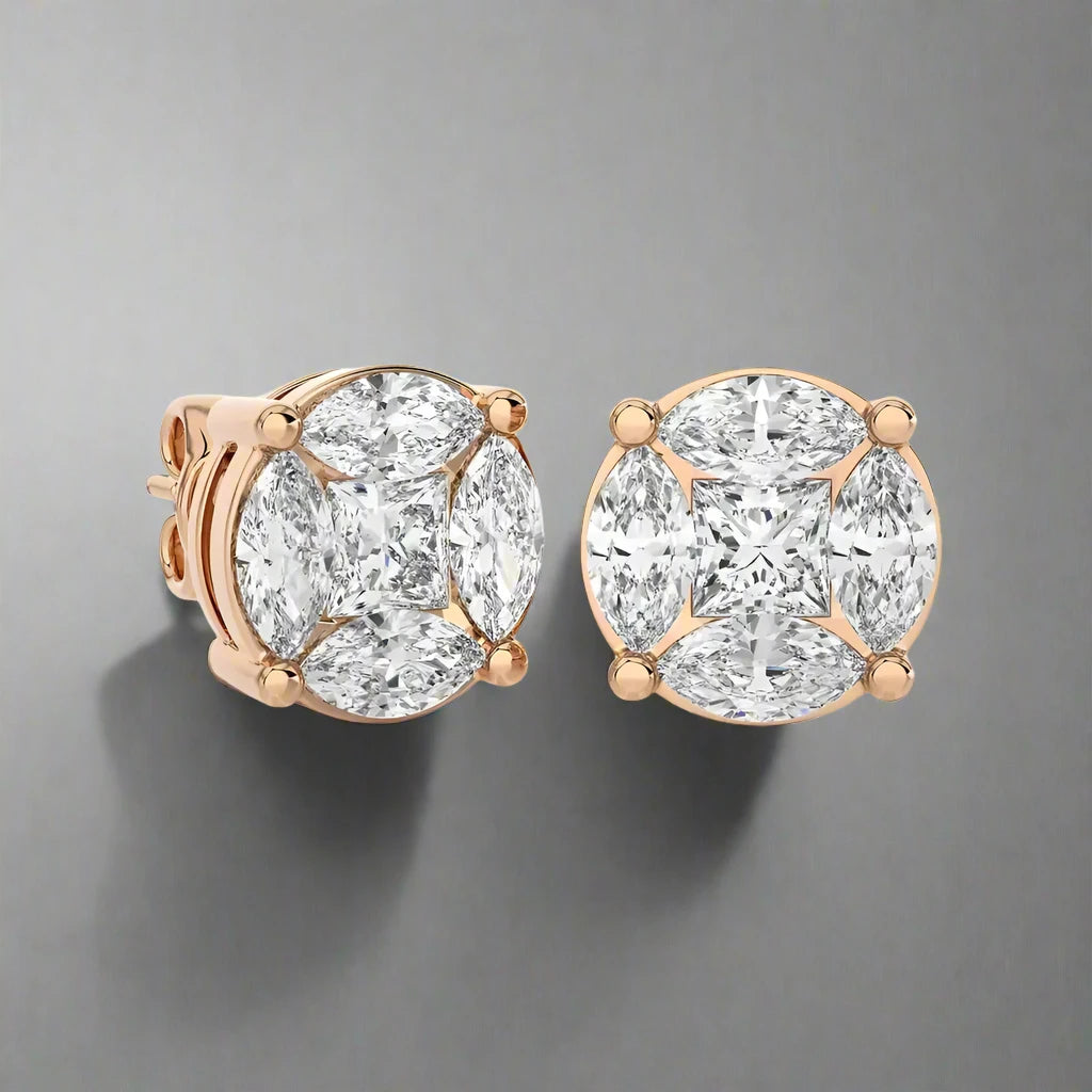 1-3/4 CTW Marquise and Princess Cluster Diamonds Stud Earring