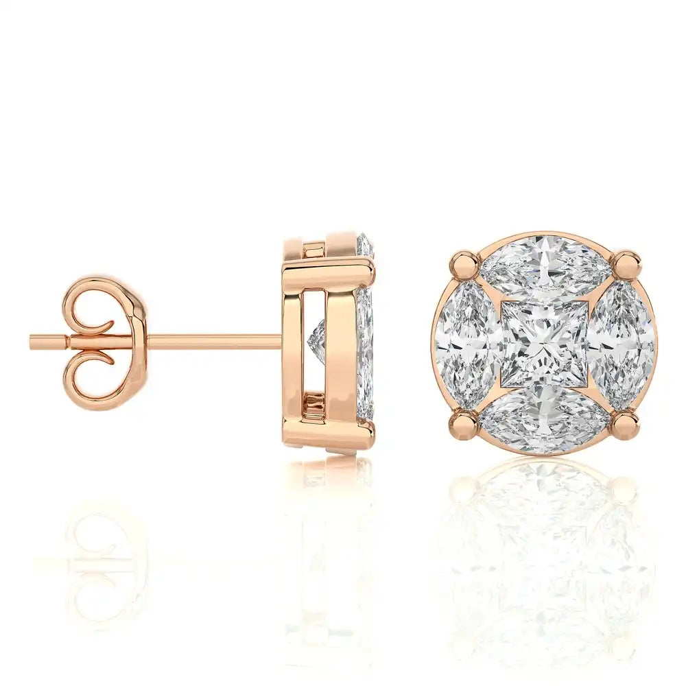 1-3/4 CTW Marquise and Princess Cluster Diamonds Stud Earring