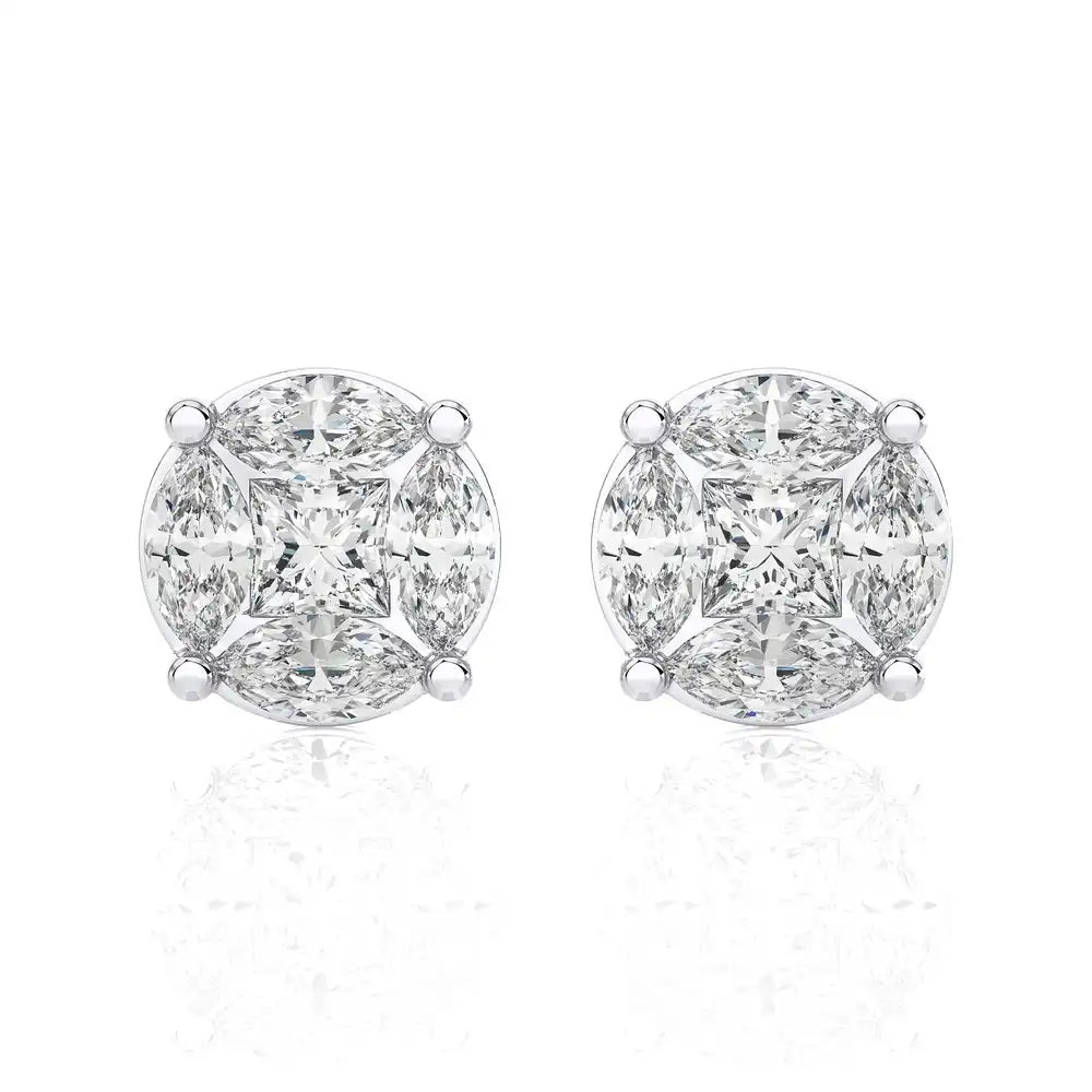 1-3/4 CTW Marquise and Princess Cluster Diamonds Stud Earring