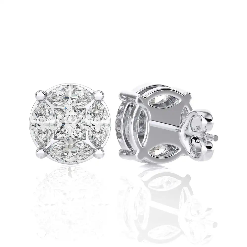 1-3/4 CTW Marquise and Princess Cluster Diamonds Stud Earring