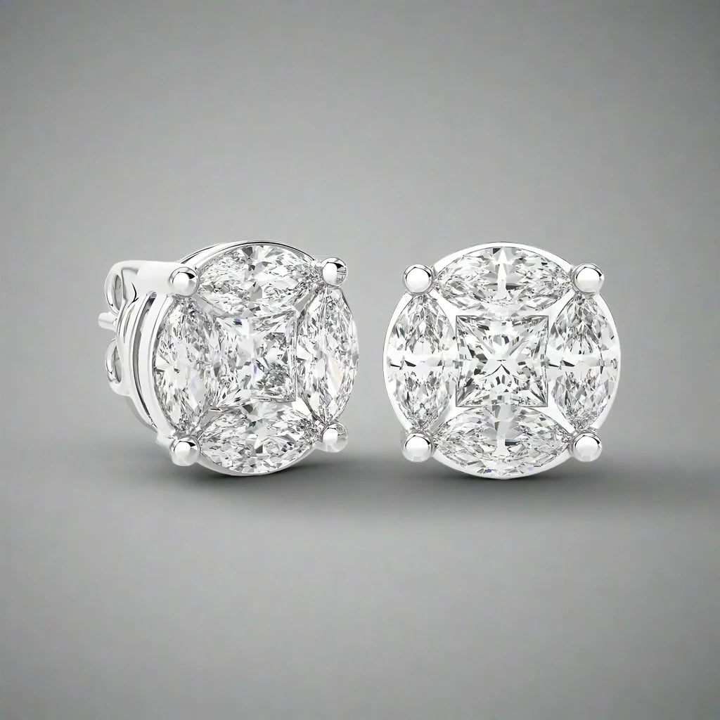 1-3/4 CTW Marquise and Princess Cluster Diamonds Stud Earring