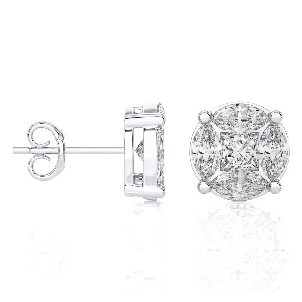 1-3/4 CTW Marquise and Princess Cluster Diamonds Stud Earring