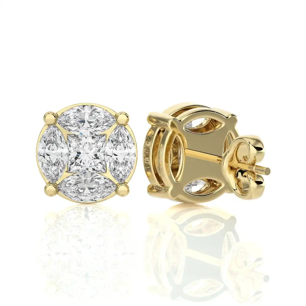 1-3/4 CTW Marquise and Princess Cluster Diamonds Stud Earring
