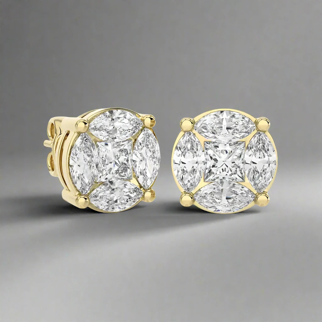 1-3/4 CTW Marquise and Princess Cluster Diamonds Stud Earring