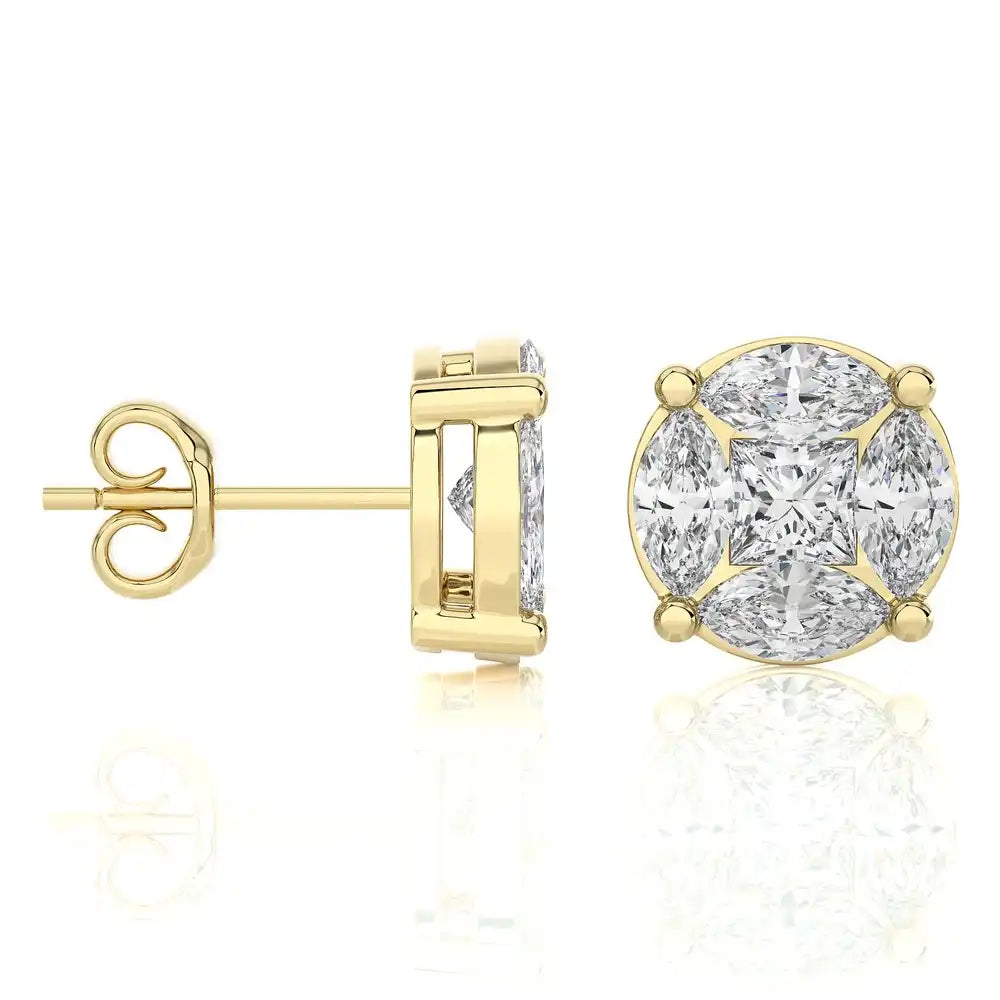 1-3/4 CTW Marquise and Princess Cluster Diamonds Stud Earring