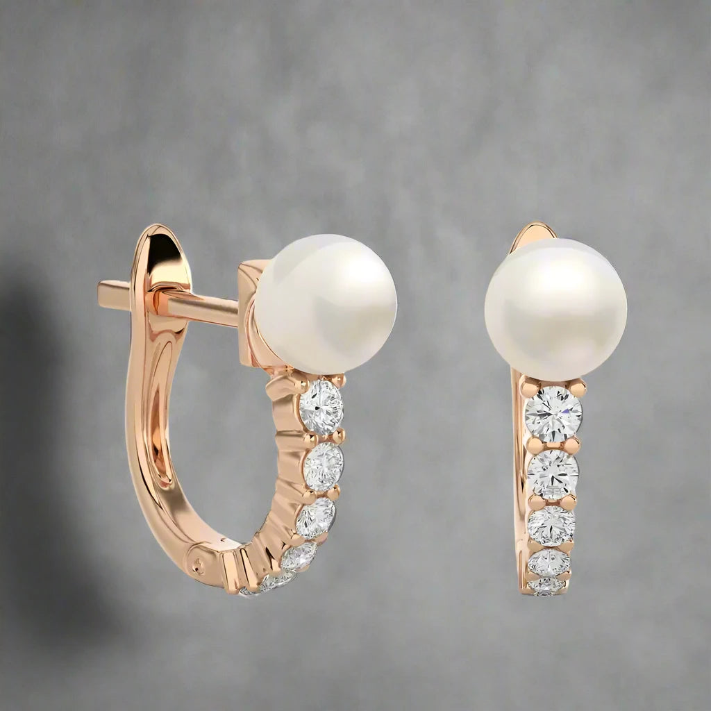 1/4 CTW Elegant Pearl with Diamond Classic Huggie Earrings