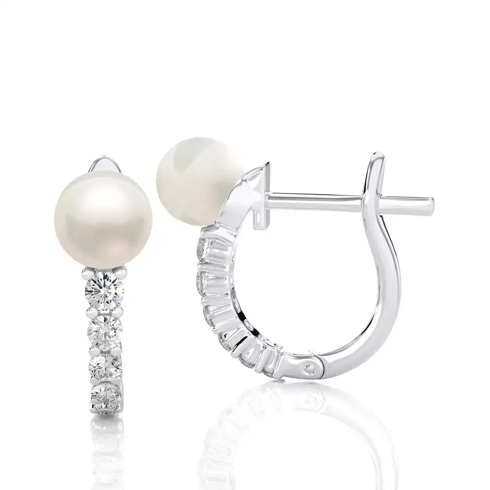 1/4 CTW Elegant Pearl with Diamond Classic Huggie Earrings