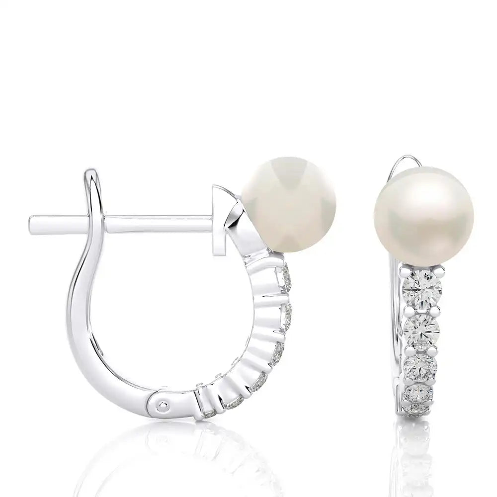 1/4 CTW Elegant Pearl with Diamond Classic Huggie Earrings