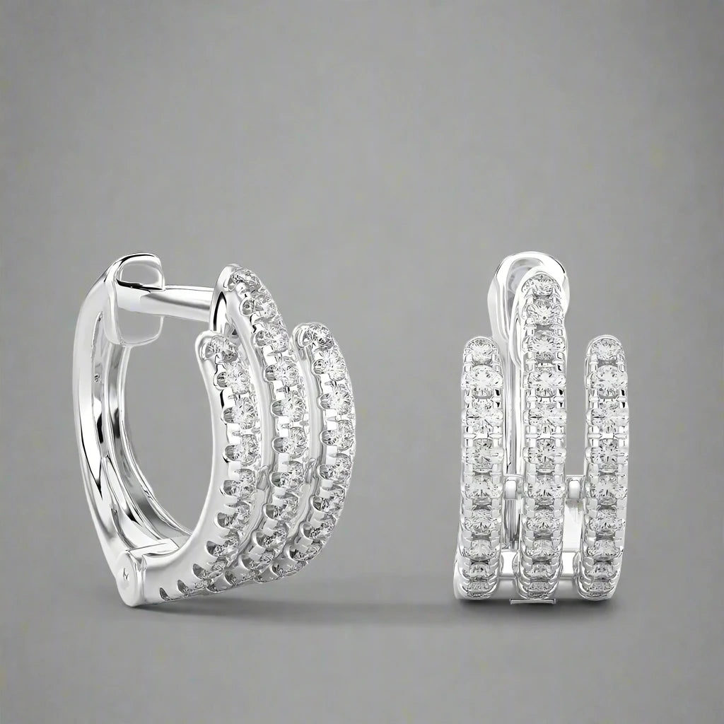 3/8 CTW Pave-Set Diamond Three Row Huggie Earring.