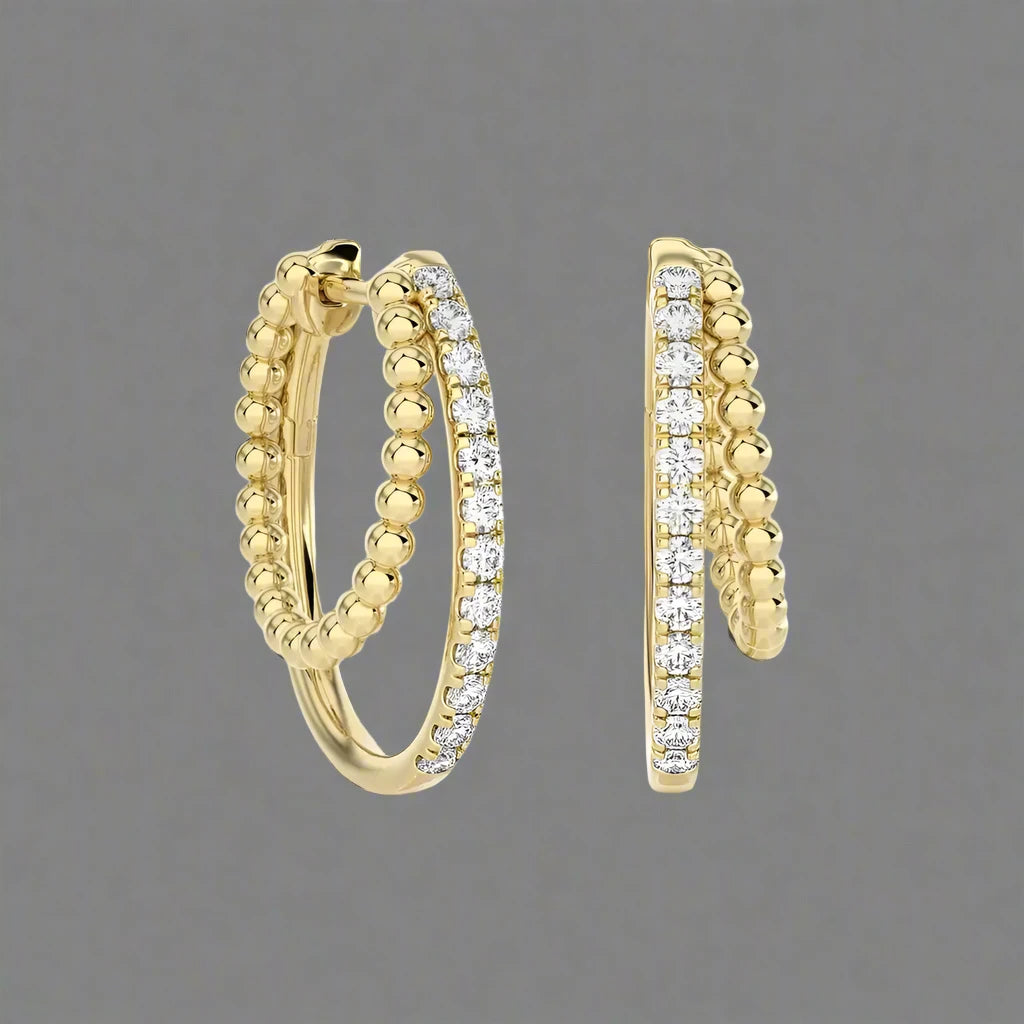 1/4 CTW Beaded Gold & Pave Diamond Huggie Earrings