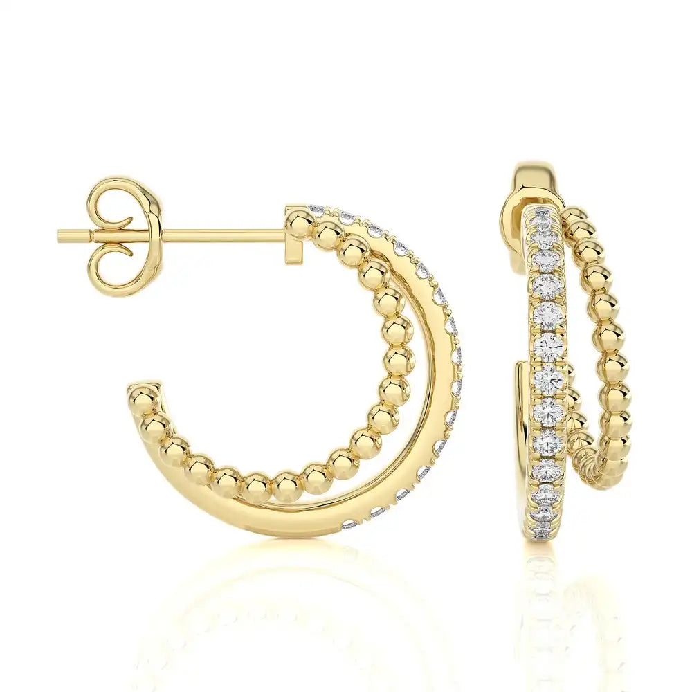 1/4 CTW Beaded Gold With Pave Diamond Huggie Earring