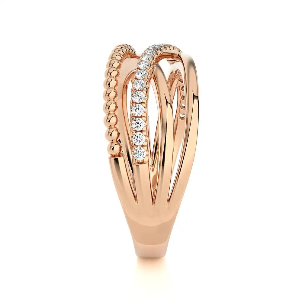 1/5 CTW Pave Diamond Beaded Gold Criss Cross Ring