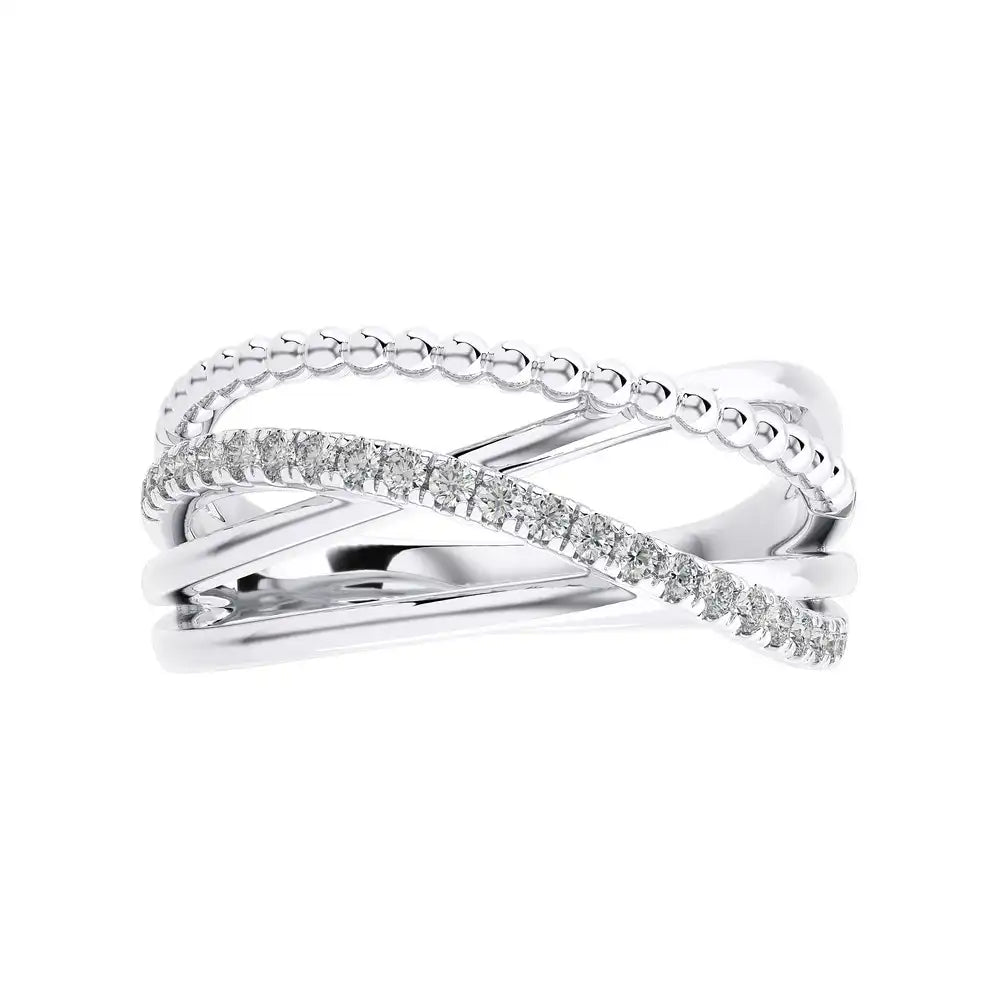 1/5 CTW Pave Diamond Beaded Gold Criss Cross Ring