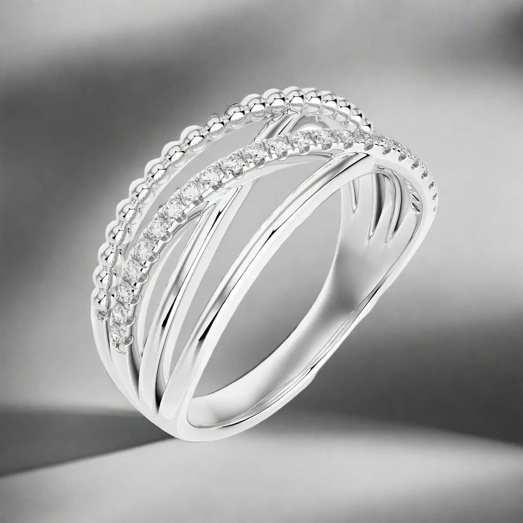 1/5 CTW Pave Diamond Beaded Gold Criss Cross Ring