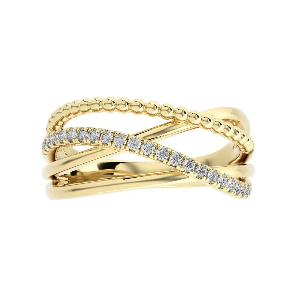 1/5 CTW Pave Diamond Beaded Gold Criss Cross Ring