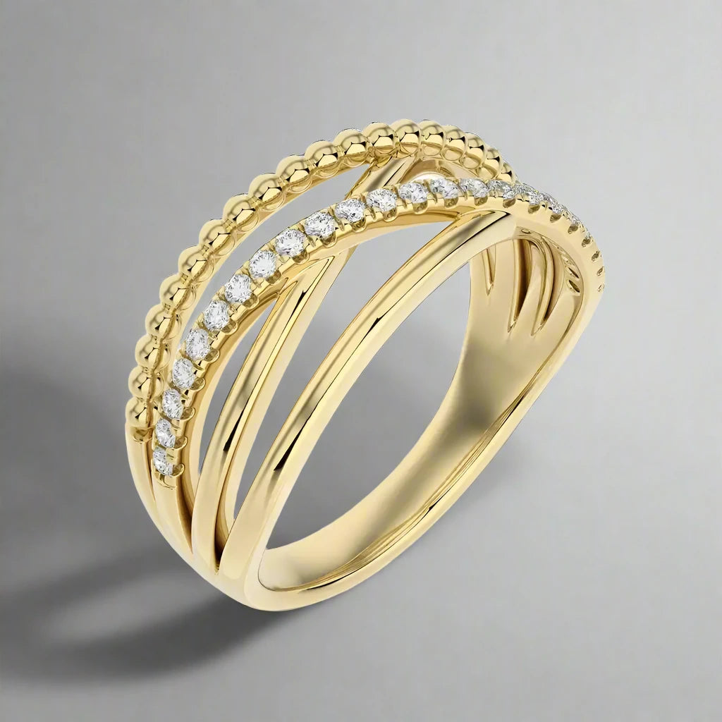 1/5 CTW Pave Diamond Beaded Gold Criss Cross Ring