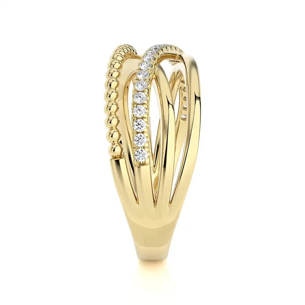 1/5 CTW Pave Diamond Beaded Gold Criss Cross Ring