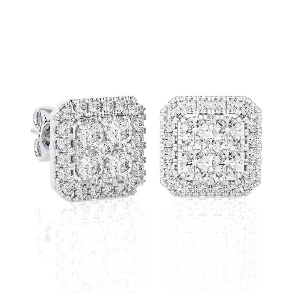 1 CTW Elegant Cushion Cluster Diamonds Halo Stud Earring