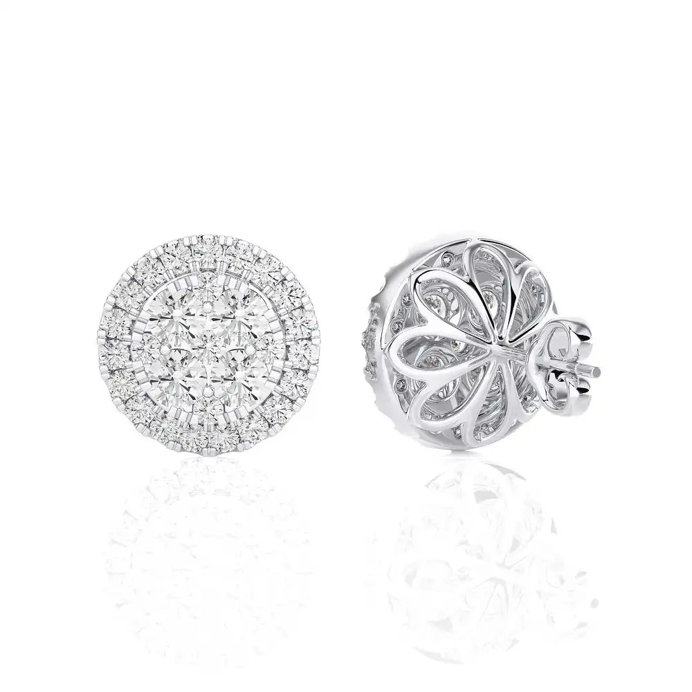 7/8 CTW Moonlight Round Cluster Diamond Halo Stud Earring.