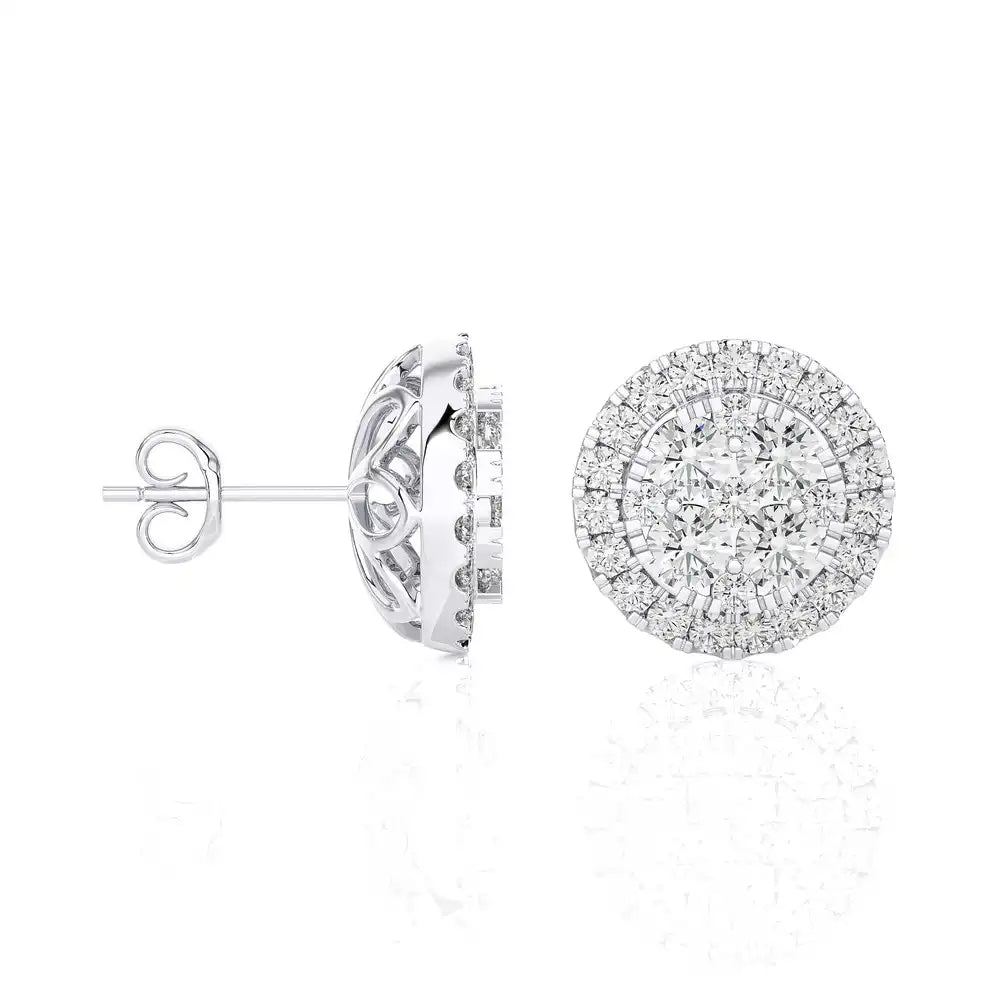 7/8 CTW Moonlight Round Cluster Diamond Halo Stud Earring.