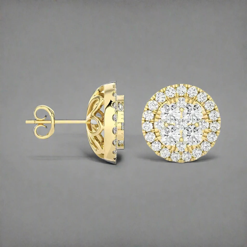 7/8 CTW Moonlight Round Cluster Diamond Halo Stud Earring.