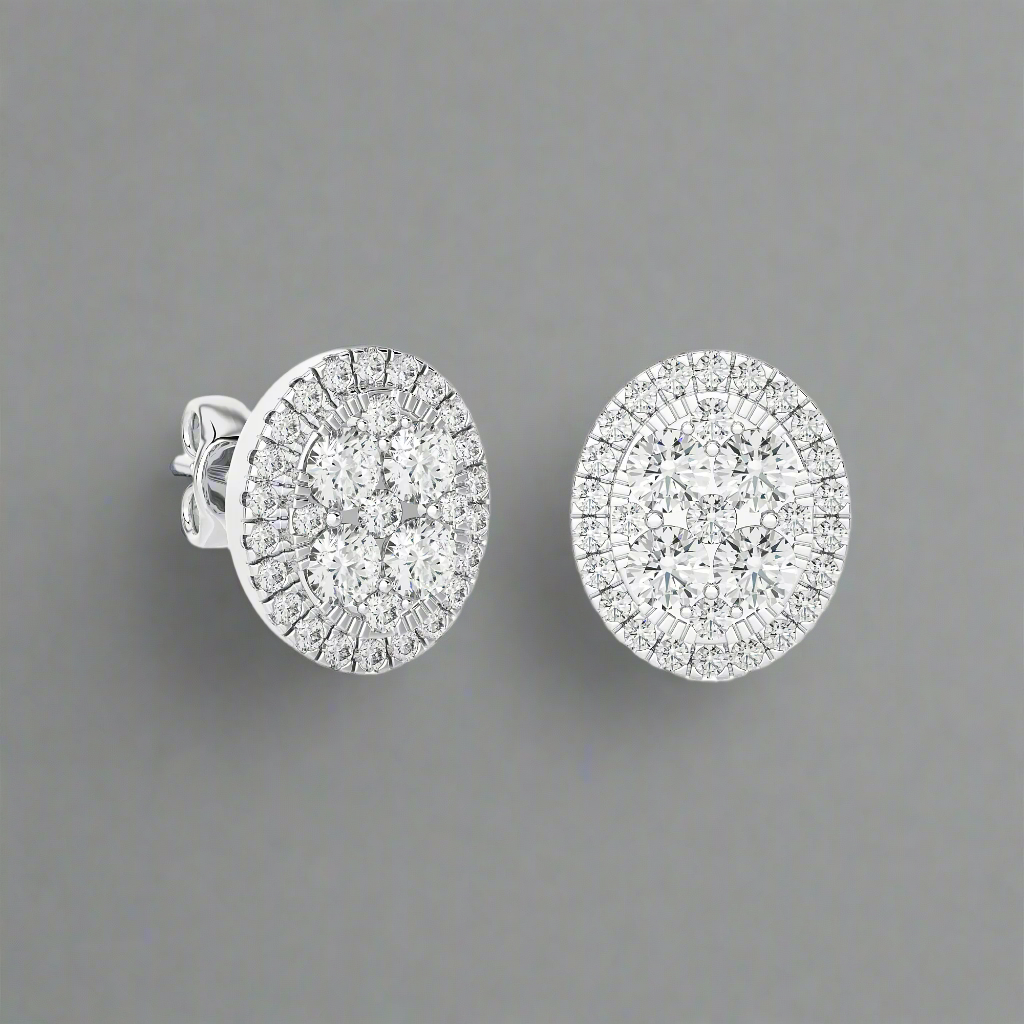 1-1/4 CTW Elegant Classic Moonlight Oval Cluster Halo Stud Earring