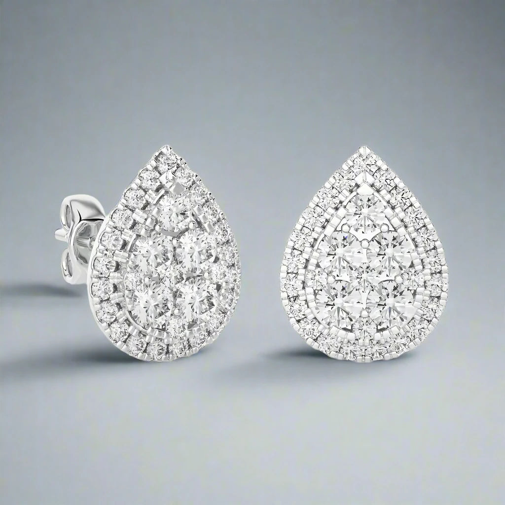 1 CTW Diamond Brilliance Teardrop Halo Studs Earrings