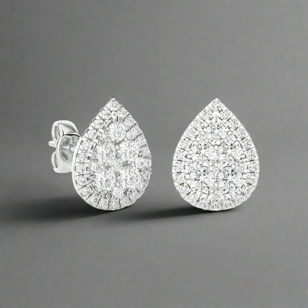 1- 1/3 CTW Excellent Round cut Diamonds set in Pear Shape Fashion Stud Earrings.