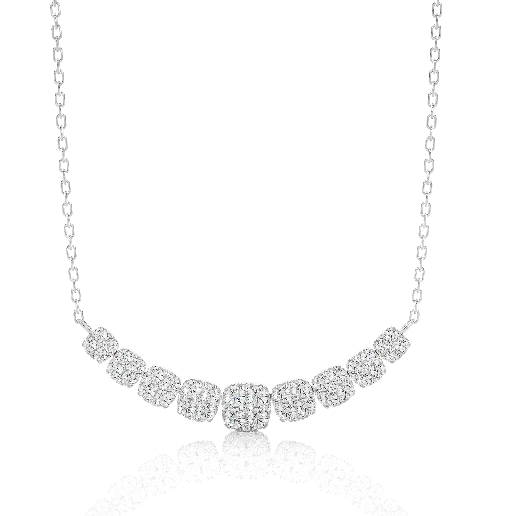 2.00 Ctw Moonlight Graduated Cushion Cluster Diamond Necklace SI GH