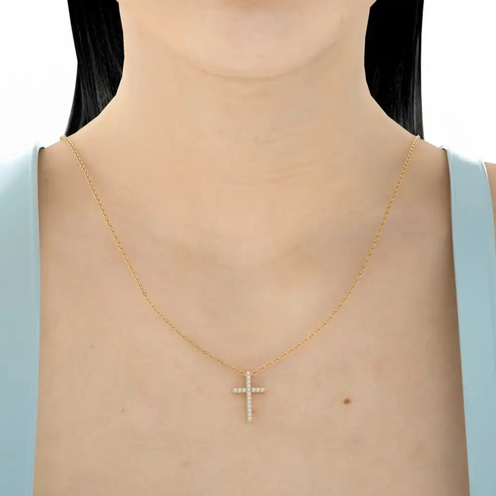 1/10 CTW Natural Round Diamond Cross Pendant