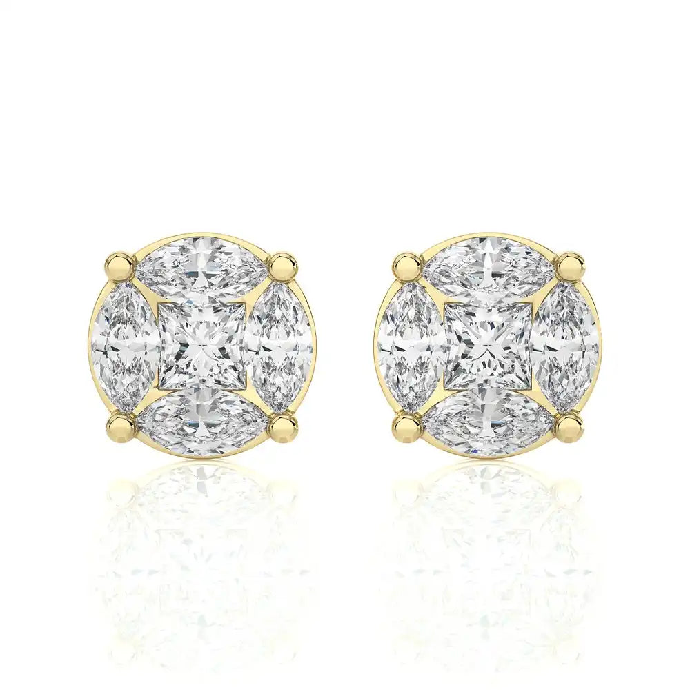 1-3/4 CTW Marquise and Princess Cluster Diamonds Stud Earring.