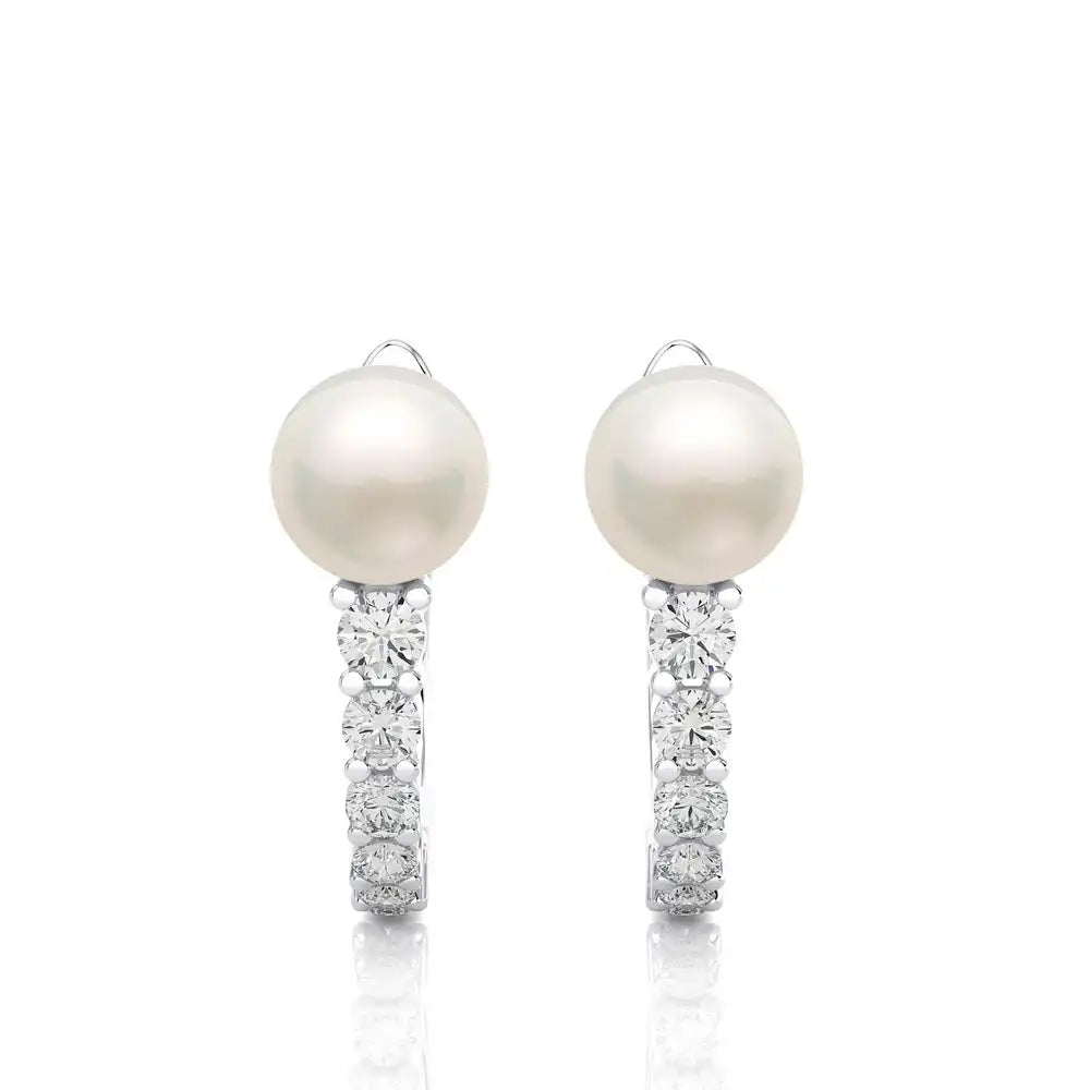 1/4 CTW  Elegant Pearl with Diamond Classic Huggie Earrings