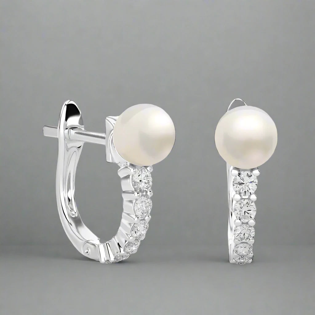 1/4 CTW  Elegant Pearl with Diamond Classic Huggie Earrings