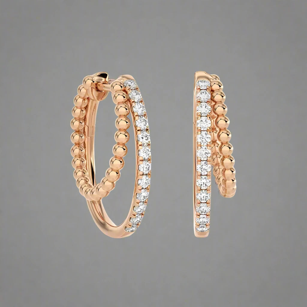 1/4 CTW Beaded Gold & Pave Diamond Huggie Earrings