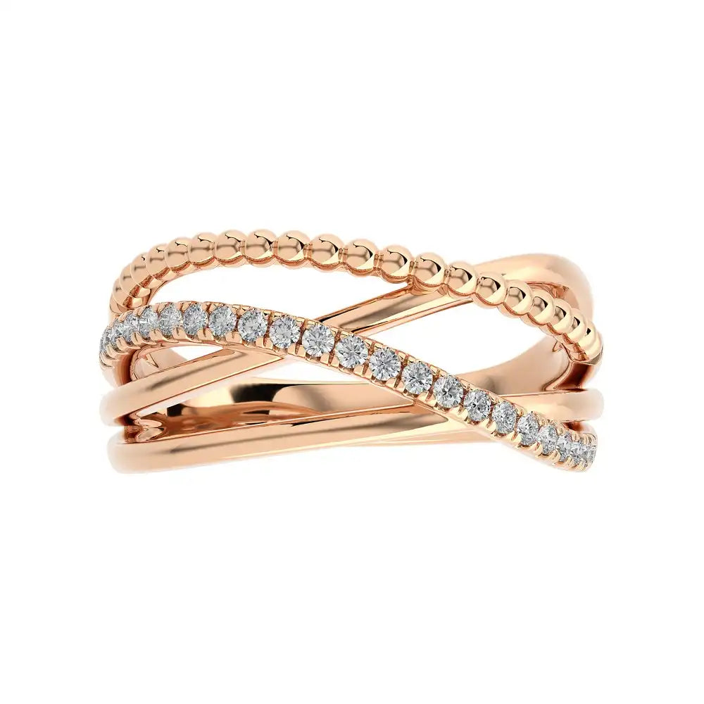 1/5 CTW Pave Diamond Beaded Gold Criss Cross Ring