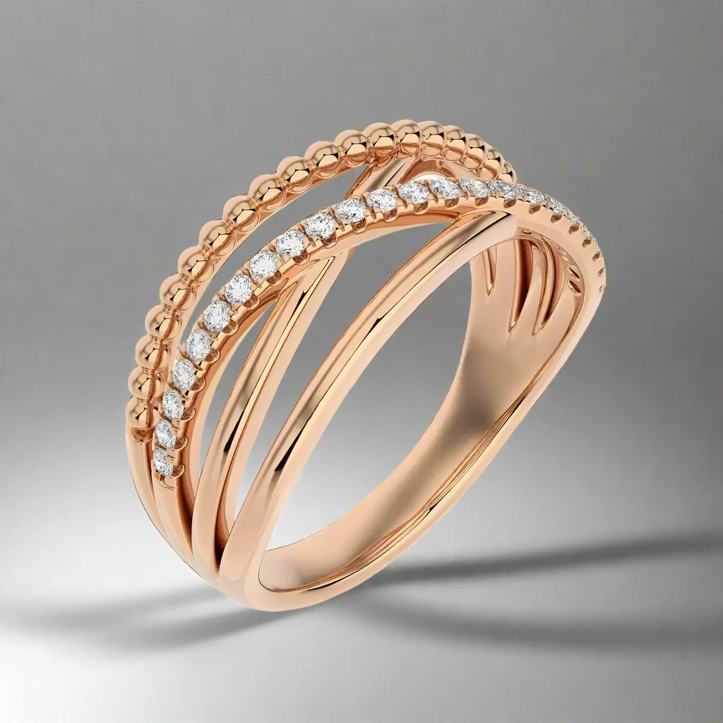 1/5 CTW Pave Diamond Beaded Gold Criss Cross Ring