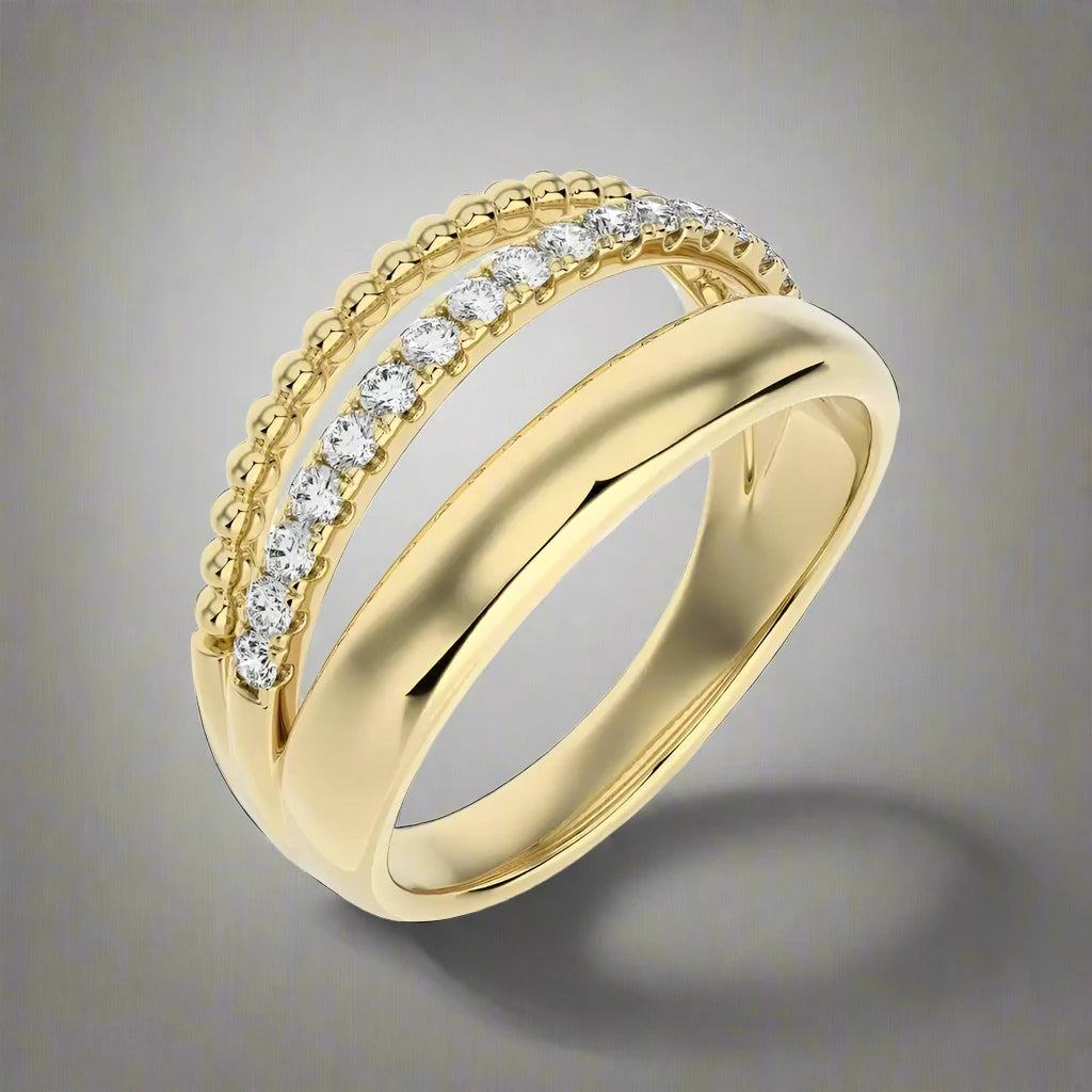 1/4 CTW Beaded Gold Encanto Collection Three Row Ring