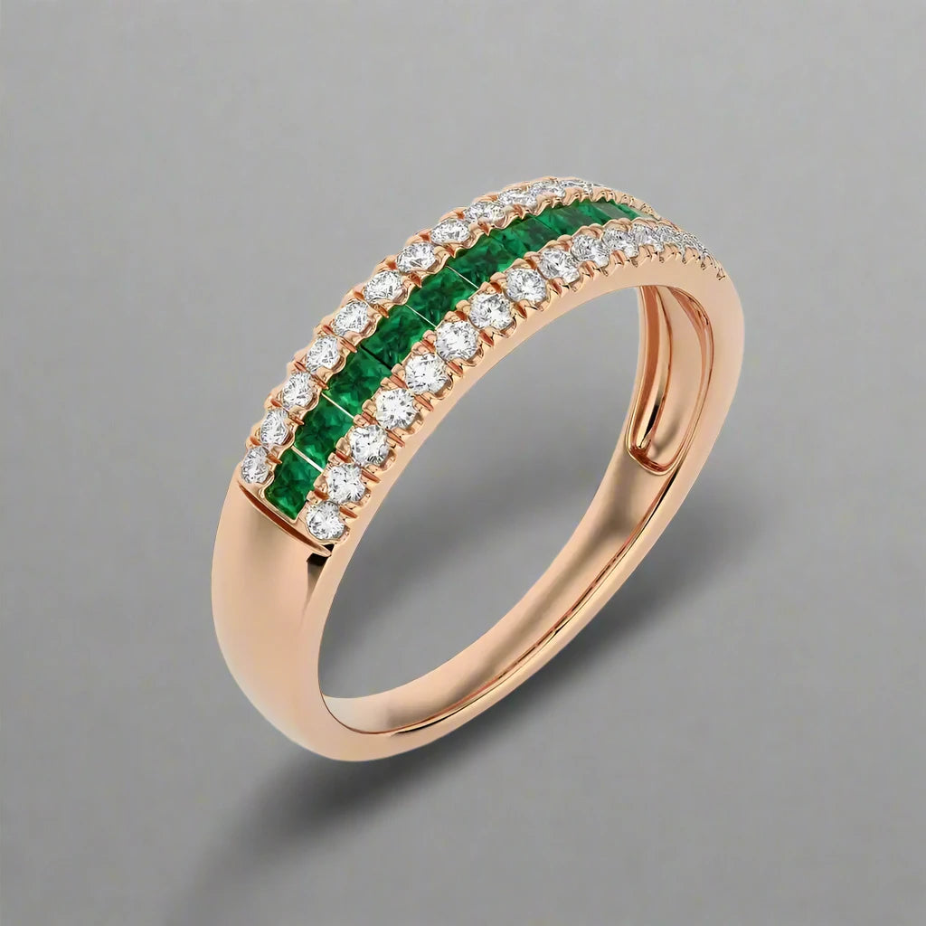 1/4 CTW Round Cut Diamond with Emerald Half Eternity Ring